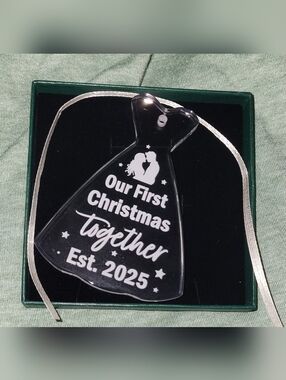 Our First Christmas Wedding 2025" Dress Shape Glass Ornament With Hanger Boxed